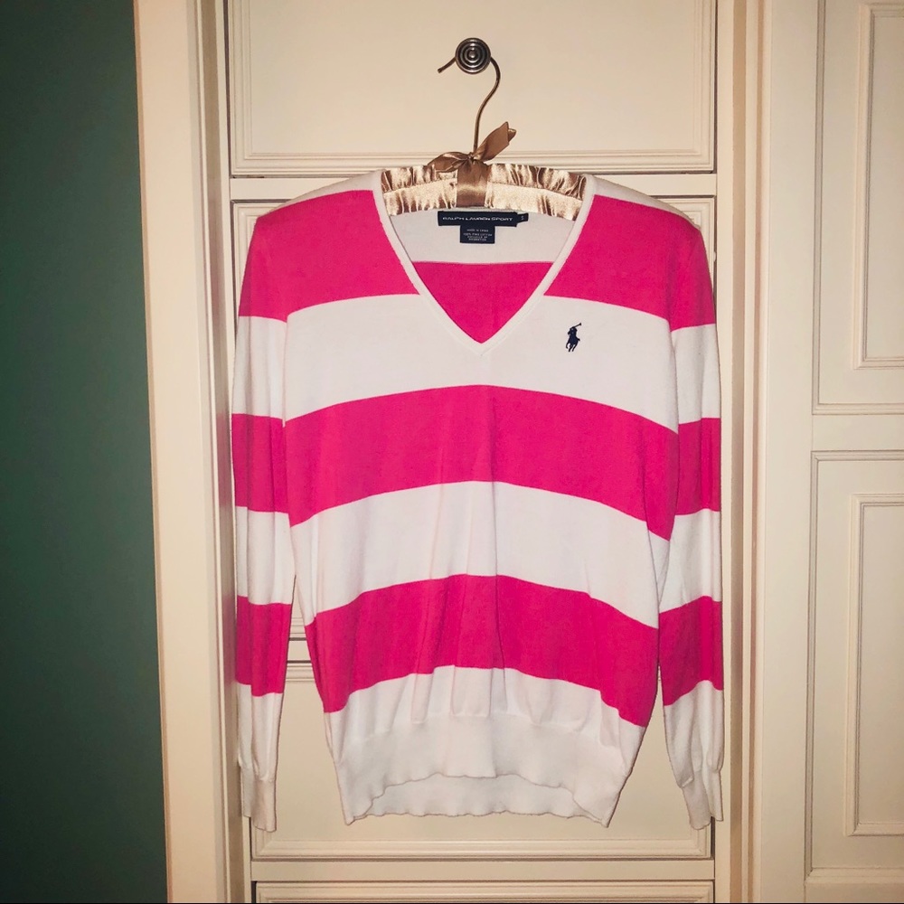 RALPH LAUREN Pink Striped V-Neck Sweater